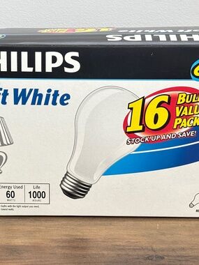 NIB PHILIPS INCANDESCENT 60W Soft White Light Bulbs A19 16 Bulbs Pack NEW IN BOX